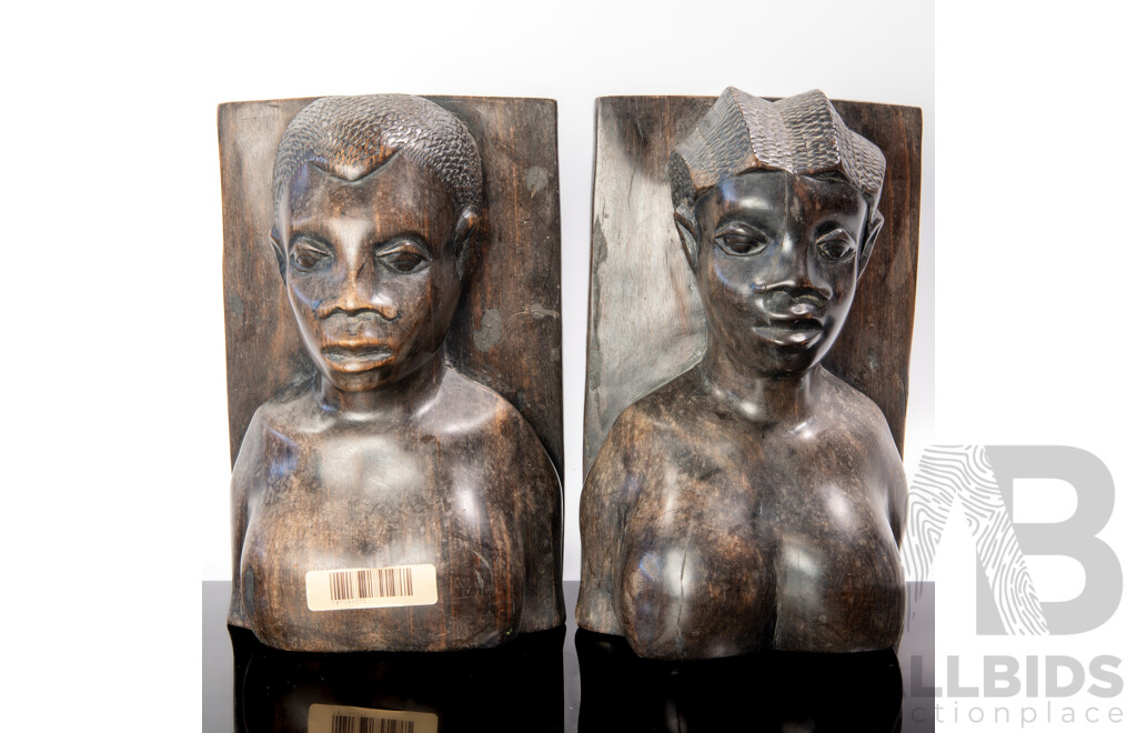 Pair of Hand Carved Ebony Hardwood African Male and Female Bookends