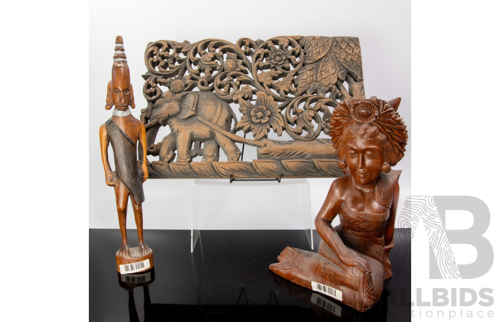 Carved Indian Wooden Panel with Elephant Theme, Carved Wooden Female Indonesian Figure and Carved Masai African Tribal Figure with Wire Detail