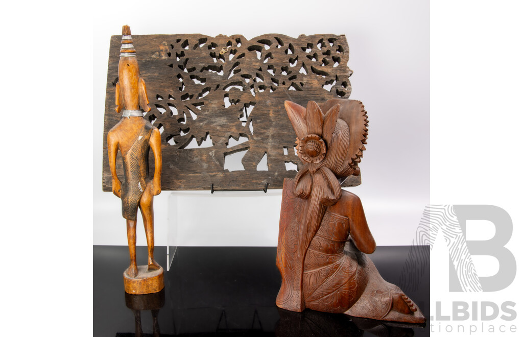 Carved Indian Wooden Panel with Elephant Theme, Carved Wooden Female Indonesian Figure and Carved Masai African Tribal Figure with Wire Detail