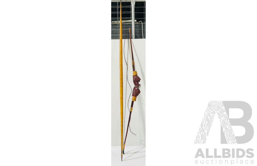 Wood with Woven Cane Wrapping Bow From PNG Along with Souvenir Ware Native American Indian Bow