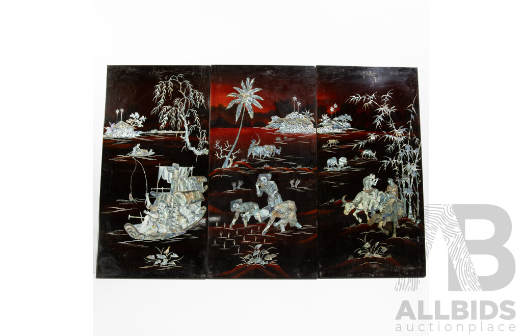 Set Three Vietnamese Lacquer Panels with Intricate Mother of Pearl Inlay Scenes