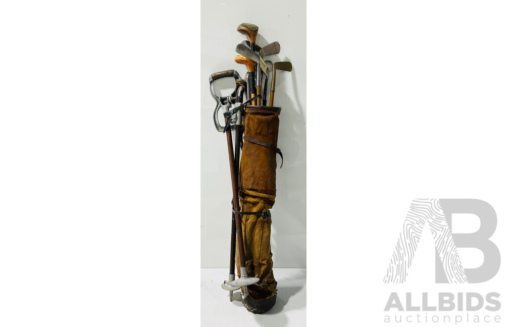 Collection of Vintage Golf Clubs in Leather Case with Pair of Shooting Stick