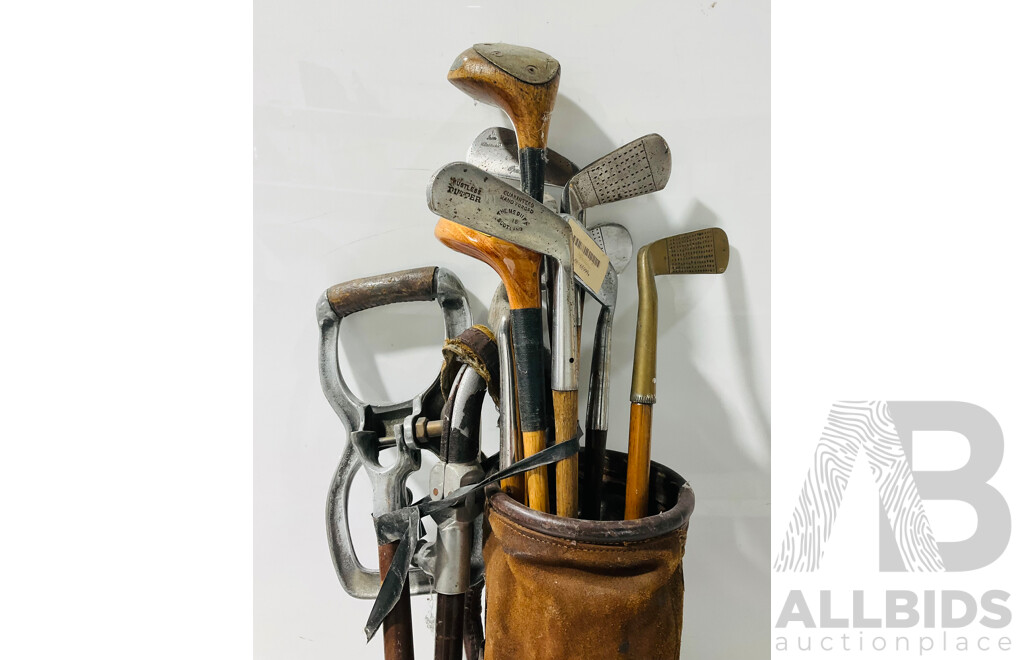 Collection of Vintage Golf Clubs in Leather Case with Pair of Shooting Stick