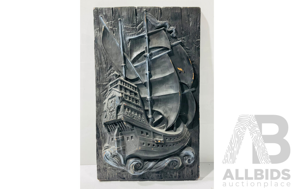 Carved Painted Wooden Wall Display Depicting Ship