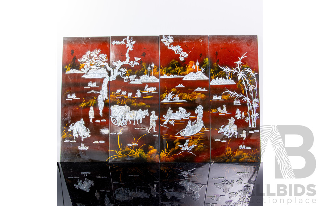 Set Four Vietnamese Lacquer Panels with Intricate Mother of Pearl Inlay Scenes