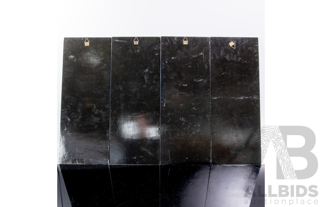 Set Four Vietnamese Lacquer Panels with Intricate Mother of Pearl Inlay Scenes