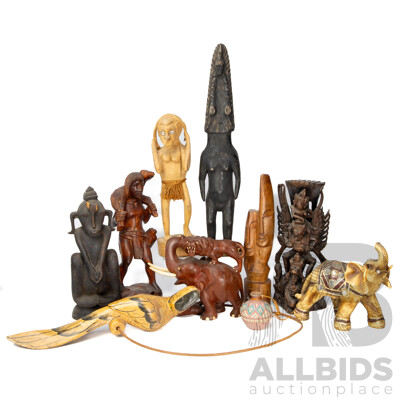 Assorted Tribal-Style Carved Wooden Masks, Figurines & Animals