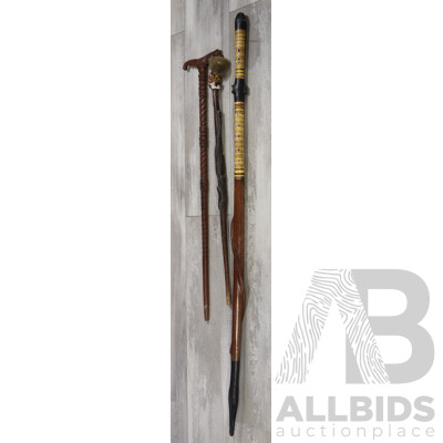 Collection Three PNG Wooden Staff Including Example with Cuccus Fur to Top