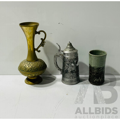 Hong Kong Pewter Dragon Tankard by Hing Fat, Middle Eastern Brass Vase & Japanese Pottery Cup