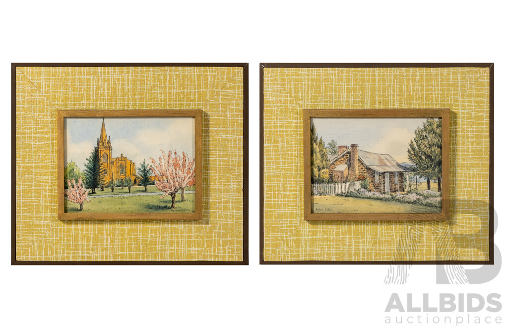 Silvia Fitton, (20th Century, Australian, Working c1970s), Spring View of St. Andrew's Church, Canberra & Blundell's Farmhouse, Canberra, Pair of Vintage Ink & Watercolours, 28 x 33 cm (frames) (2)