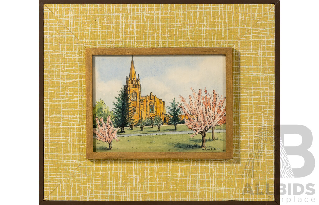 Silvia Fitton, (20th Century, Australian, Working c1970s), Spring View of St. Andrew's Church, Canberra & Blundell's Farmhouse, Canberra, Pair of Vintage Ink & Watercolours, 28 x 33 cm (frames) (2)