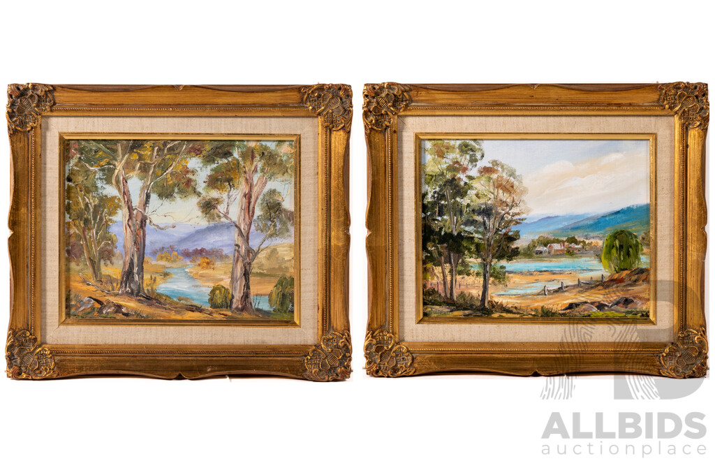 Rita M. Webster, (20th Century, Australian, Working c1970s), Old Farm by River (Nelligen, NSW) & Beautiful Shoalhaven River, Pair of Vintage Original Oils on Canvas (1976), 31 x 36.5 cm (frames) (2)