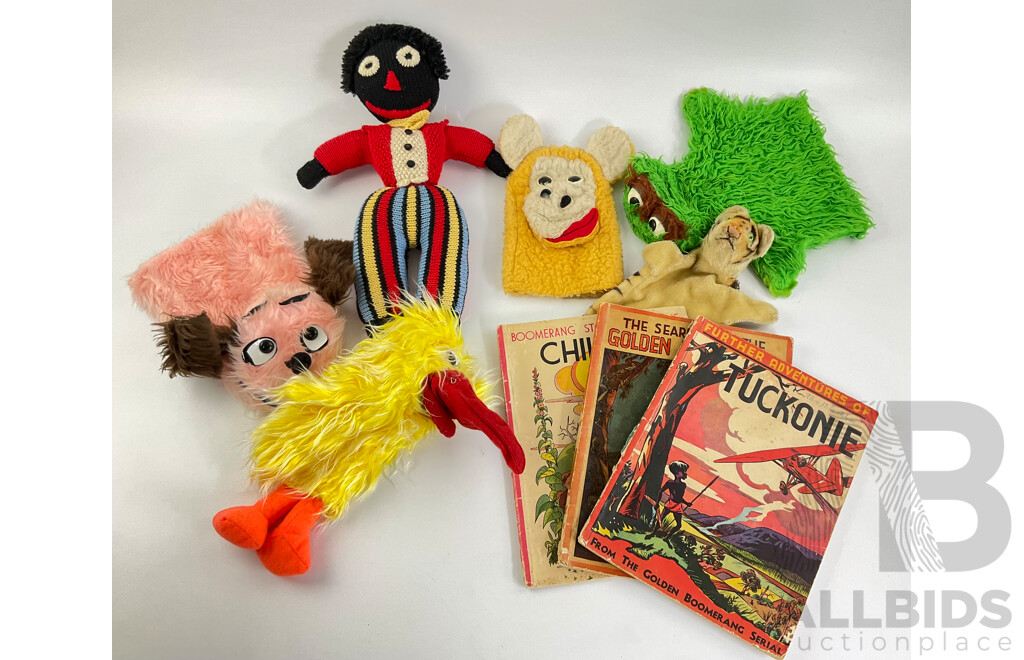 Vintage Hand Puppets, Doll and Golden Boomerang Books Including Further Adventures of Tuckonie, the Search for the Golden Boomerang and Boomerang Stories for the Children