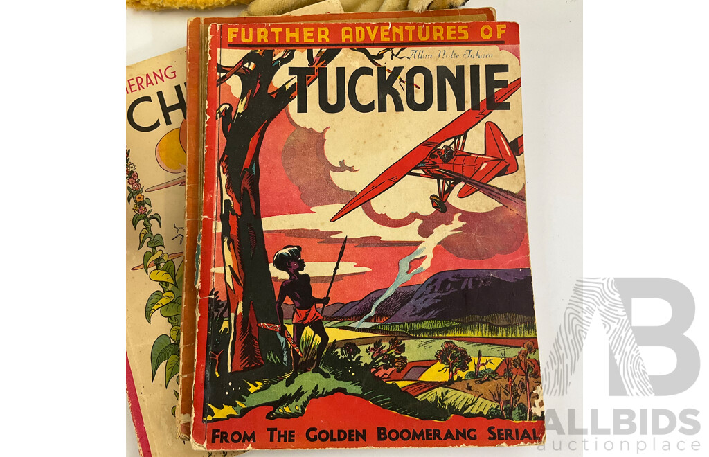 Vintage Hand Puppets, Doll and Golden Boomerang Books Including Further Adventures of Tuckonie, the Search for the Golden Boomerang and Boomerang Stories for the Children