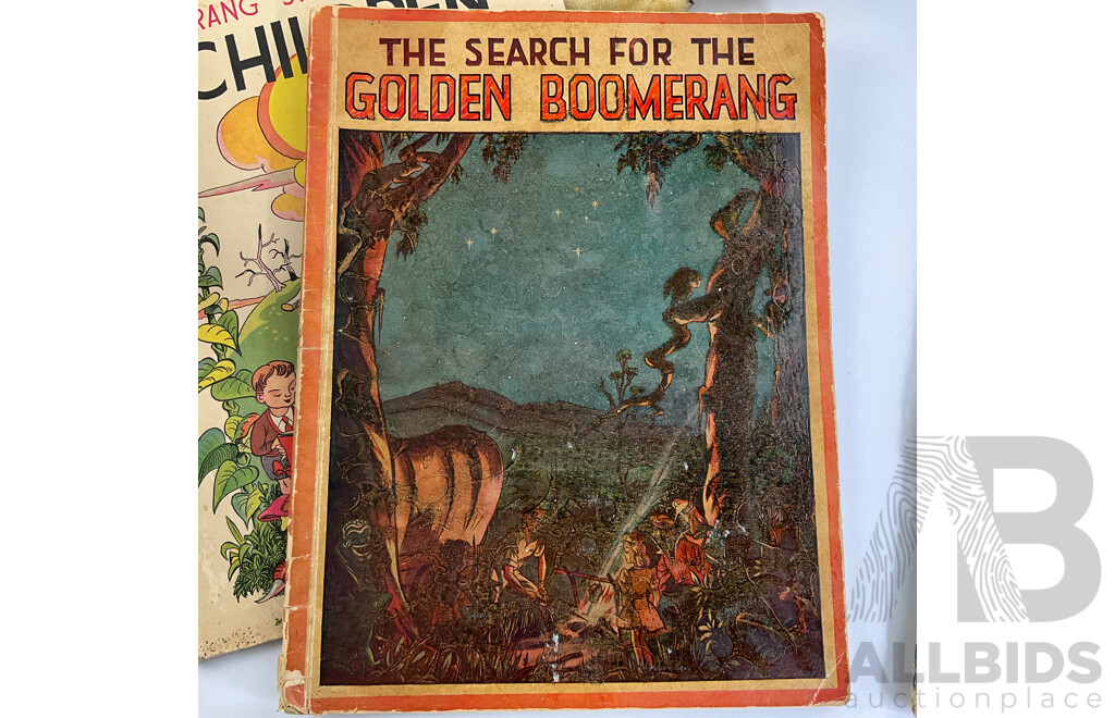 Vintage Hand Puppets, Doll and Golden Boomerang Books Including Further Adventures of Tuckonie, the Search for the Golden Boomerang and Boomerang Stories for the Children