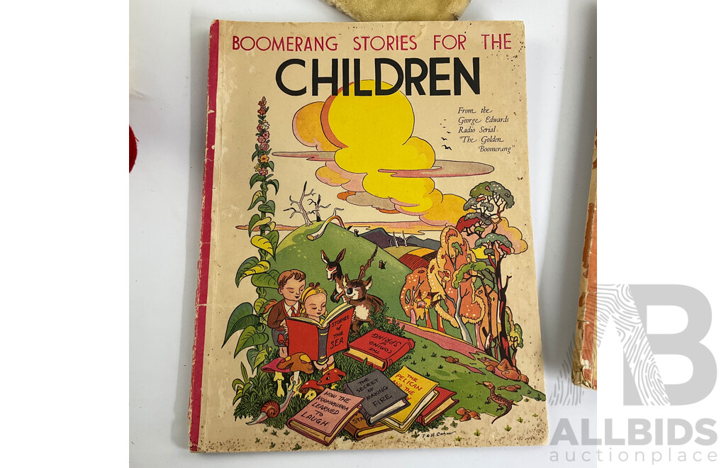 Vintage Hand Puppets, Doll and Golden Boomerang Books Including Further Adventures of Tuckonie, the Search for the Golden Boomerang and Boomerang Stories for the Children