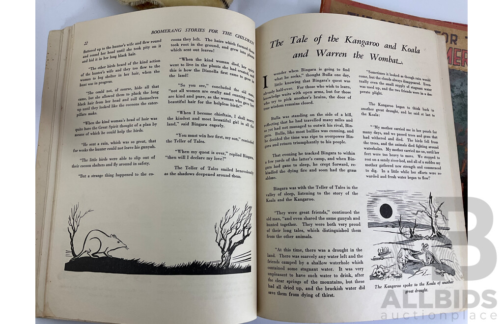 Vintage Hand Puppets, Doll and Golden Boomerang Books Including Further Adventures of Tuckonie, the Search for the Golden Boomerang and Boomerang Stories for the Children