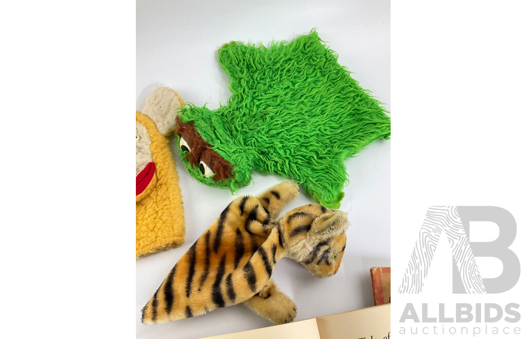 Vintage Hand Puppets, Doll and Golden Boomerang Books Including Further Adventures of Tuckonie, the Search for the Golden Boomerang and Boomerang Stories for the Children