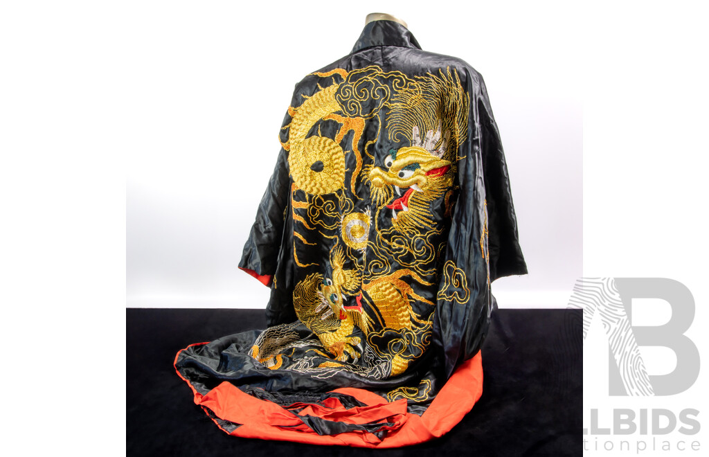 Vintage Chinese Silk Smokers Jacket with Hand Embroidered Metal Thread Dragon