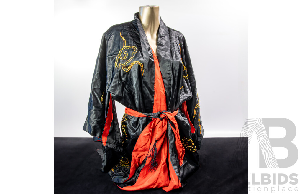 Vintage Chinese Silk Smokers Jacket with Hand Embroidered Metal Thread Dragon