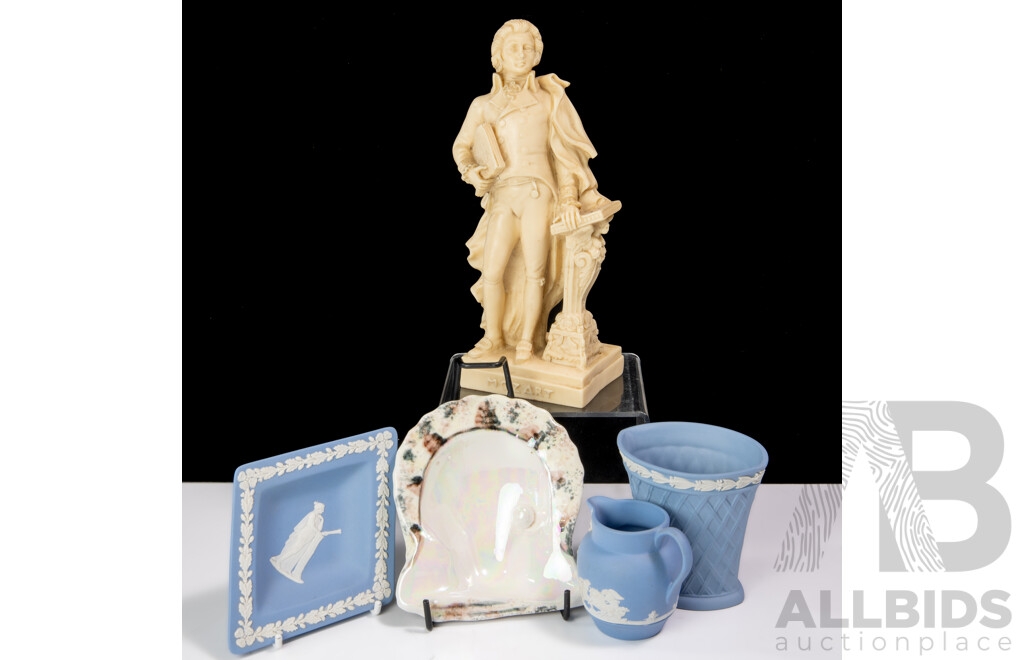 Collection Three Pieces Blue & White Wedgwood Jasperware Along with Mikimoto Pearl Ceramic Ashtray and Composite Figure of Mozart