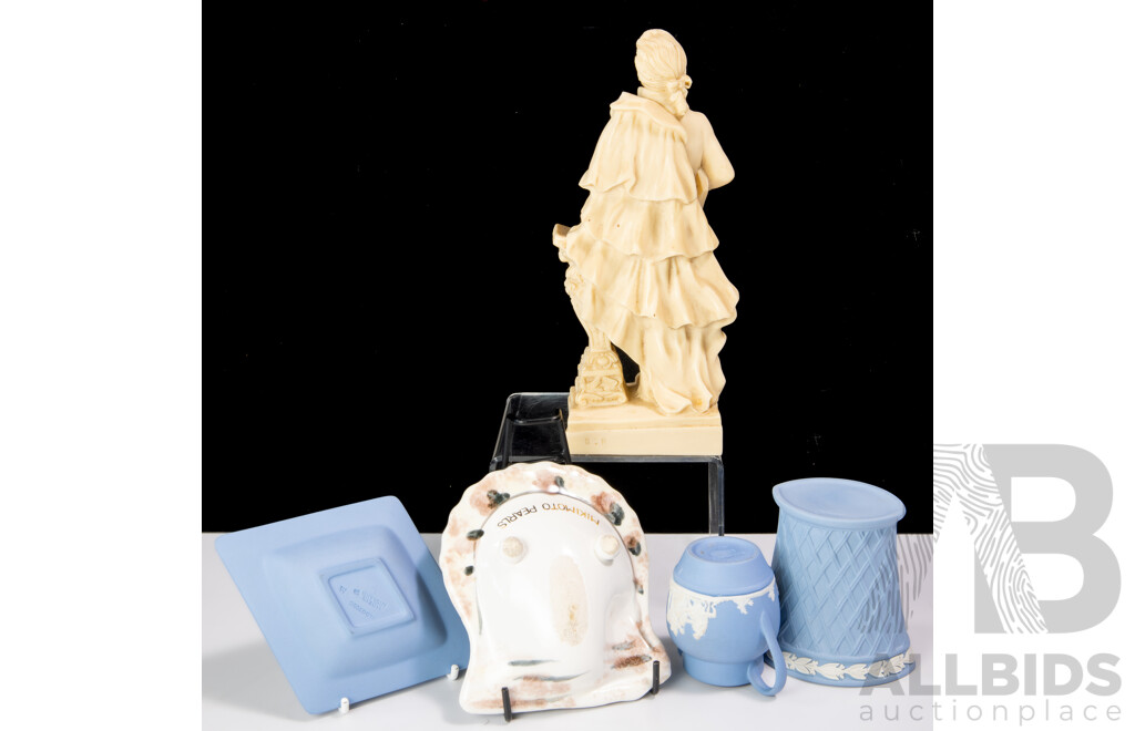 Collection Three Pieces Blue & White Wedgwood Jasperware Along with Mikimoto Pearl Ceramic Ashtray and Composite Figure of Mozart
