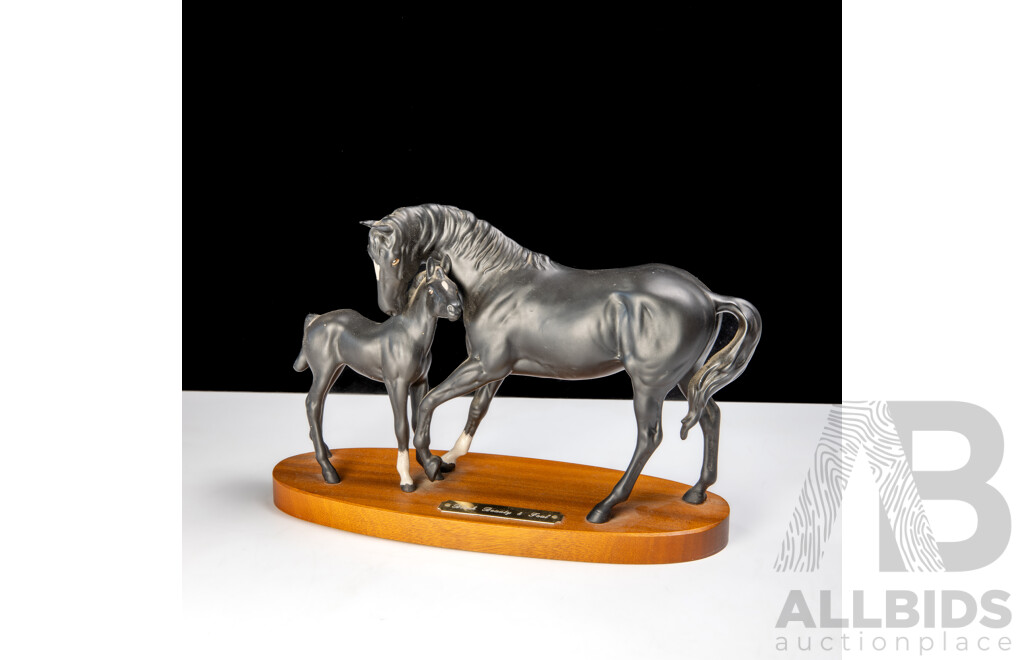 Royal Doulton Porcelain Equine Figure on Wooden Stand, Black Beauty and Foal