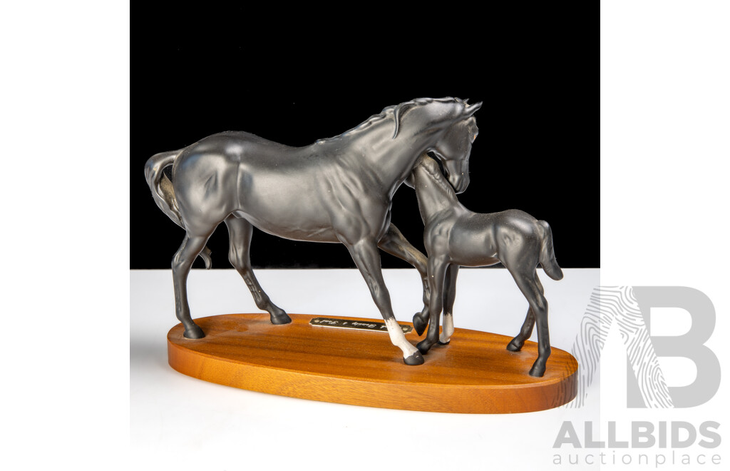 Royal Doulton Porcelain Equine Figure on Wooden Stand, Black Beauty and Foal