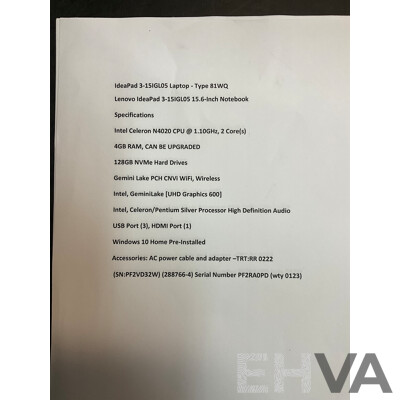 LENOVO IdeaPad 3-15IGL05 15.6 Inch Notebook Laptop - Type 81WQ
