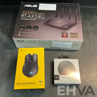 ASUS AX3000 Dual Band Wi-Fi Router & CORSAIR RGB Wireless Mouse & BOSE Charging Cradle - Lot of 3