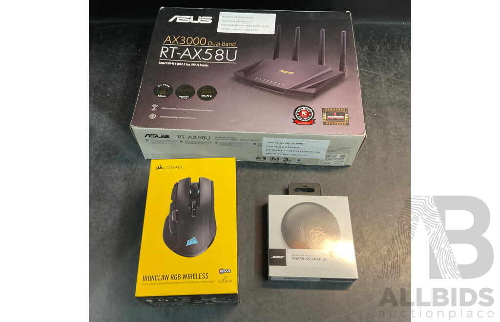 ASUS AX3000 Dual Band Wi-Fi Router & CORSAIR RGB Wireless Mouse & BOSE Charging Cradle - Lot of 3