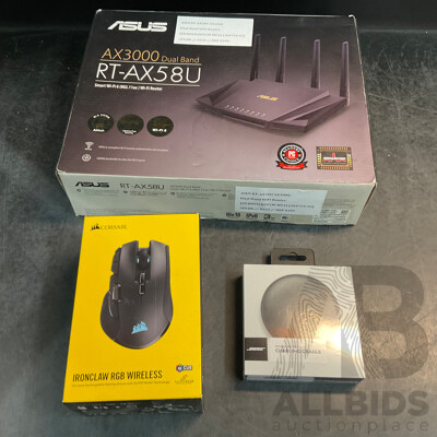 ASUS AX3000 Dual Band Wi-Fi Router & CORSAIR RGB Wireless Mouse & BOSE Charging Cradle - Lot of 3