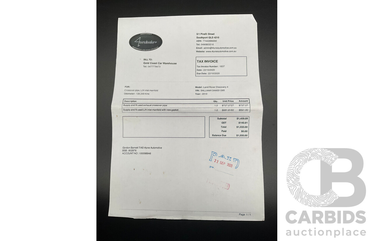 10/2010 Land Rover Discovery 4 2.7 TdV6 MY10 4d Wagon Santorini Black Metallic Turbo Diesel 2.7L