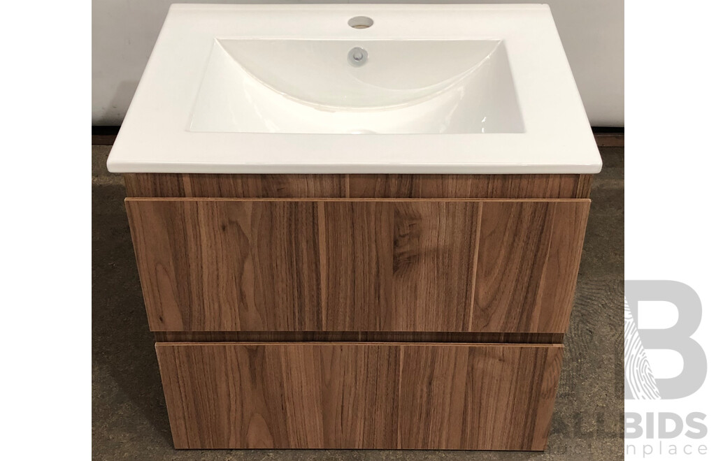 Marquis 600mm Wallmount Vanity - Notaio Walnut - All Drawers - with CASA Top(White) - New(Ex Display)