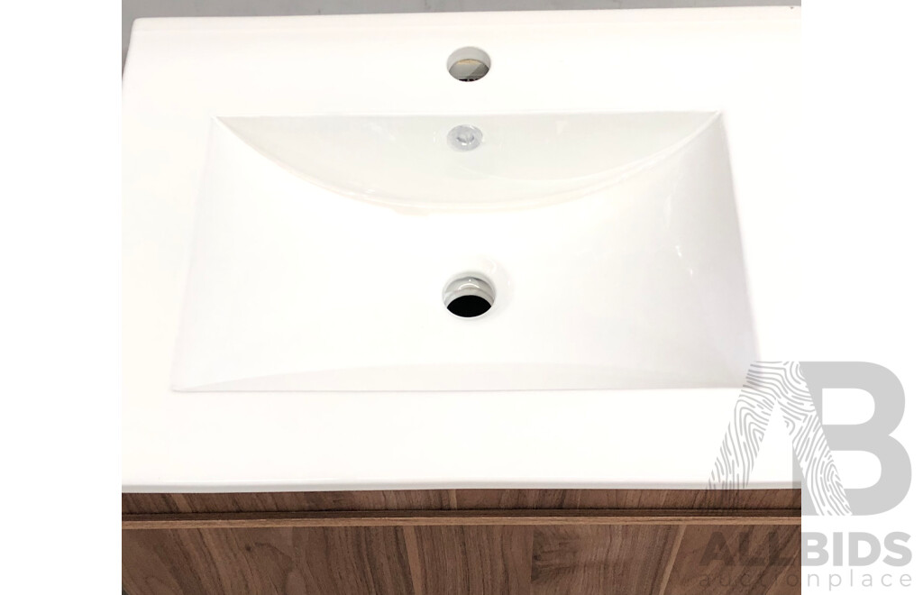 Marquis 600mm Wallmount Vanity - Notaio Walnut - All Drawers - with CASA Top(White) - New(Ex Display)