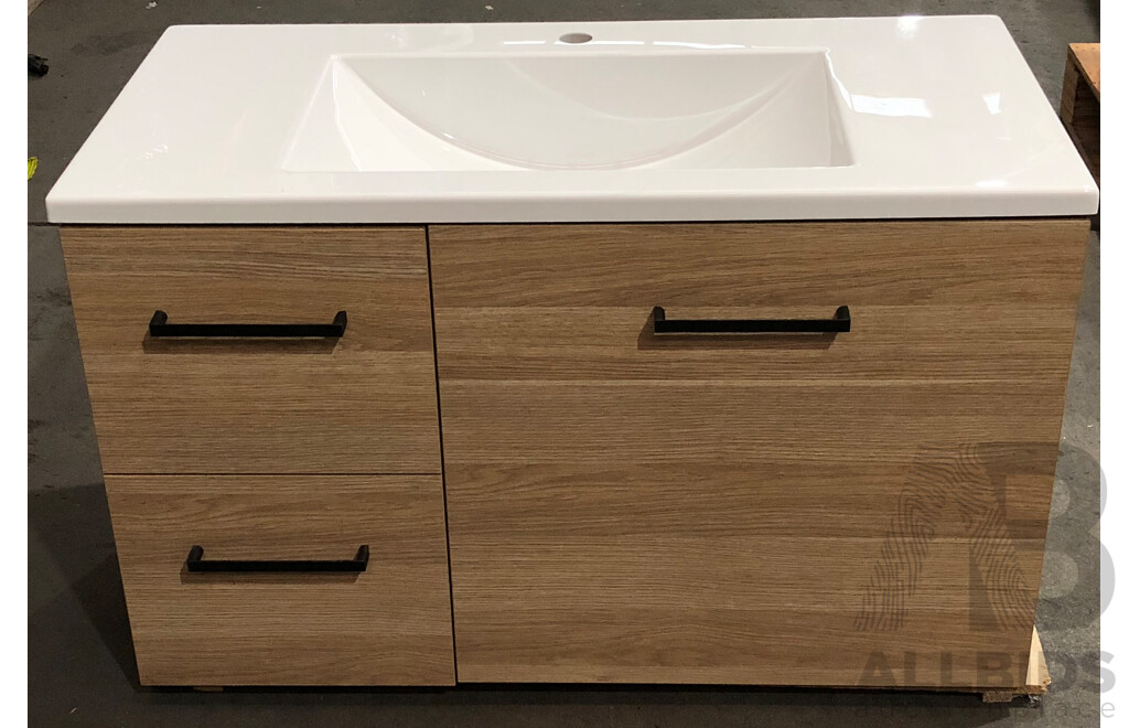 Marquis 900mm Wallmount Vanity - Natural Oak with Black Handles - LH Draws - with Davos Basin Top - Brand New