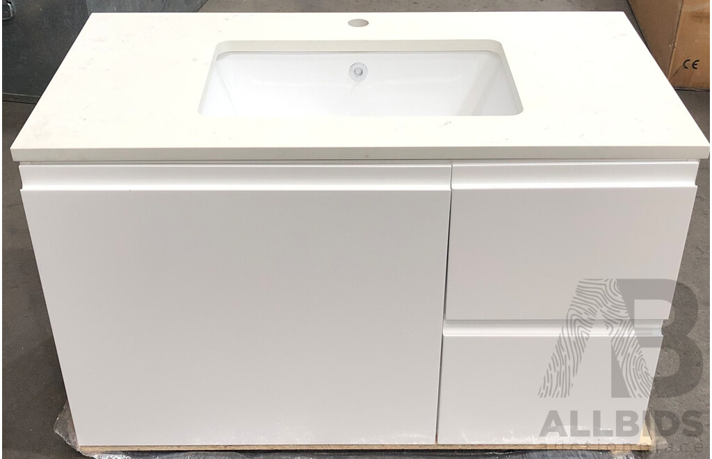 Marquis 900mm Wallmount Vanity - Gloss White - RH Draws - with Symphony Basin Top(Marbella) -  New
