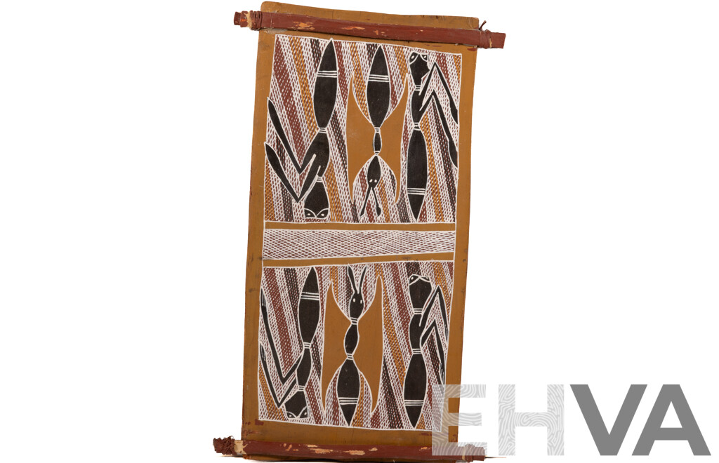Possibly Norman Mangawila (20th Century, Indigenous-Australian, 1933-1991), Spirit Insects, Natural Earth Pigments on Eucalyptus Bark Vintage Wall Hanging, 47 x 23 cm (dimensions Approx)