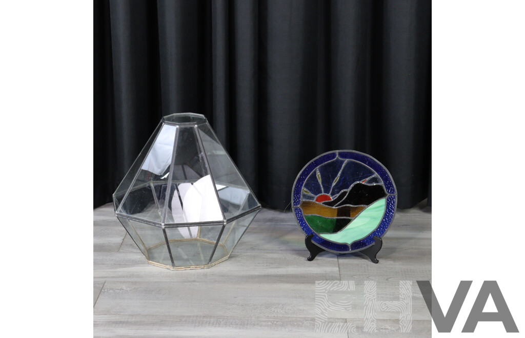 Vintage Hexagon Glass Terrarium with Stain Glass Round Window