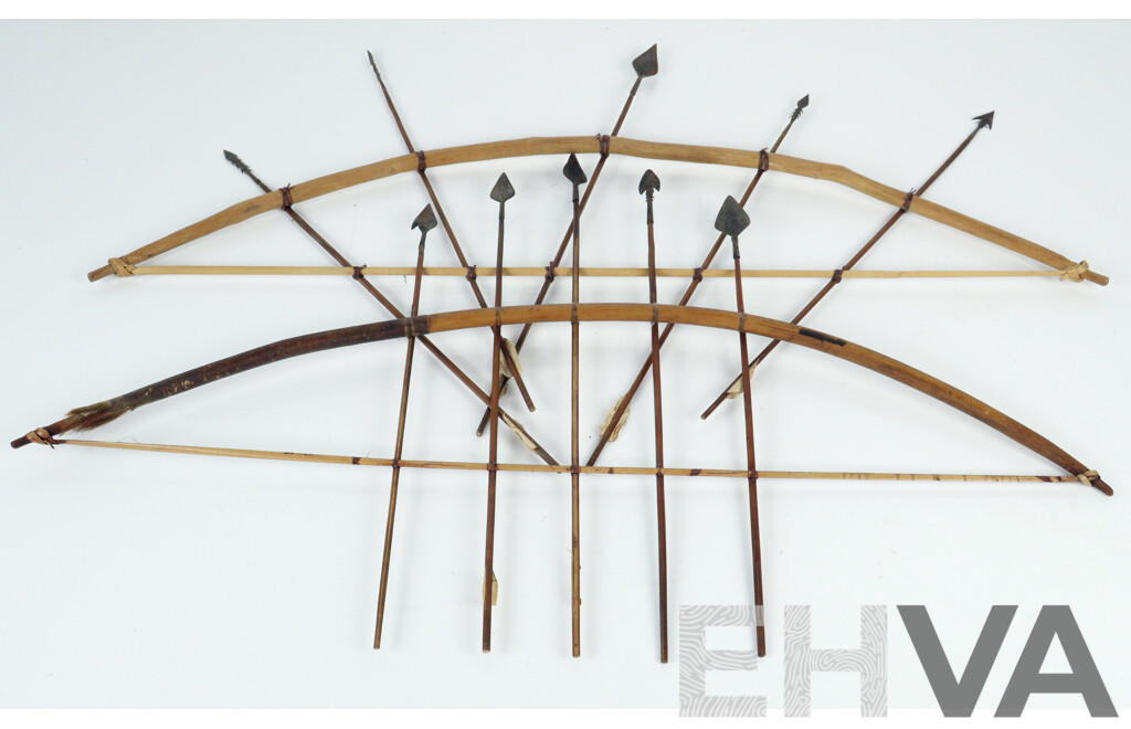 Two Hand Made African Congolese Pygmy Bows with Tin Arrowheads