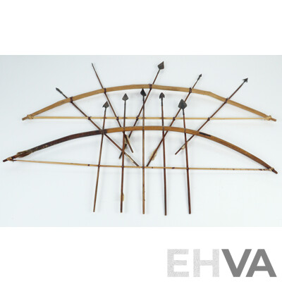 Two Hand Made African Congolese Pygmy Bows with Tin Arrowheads
