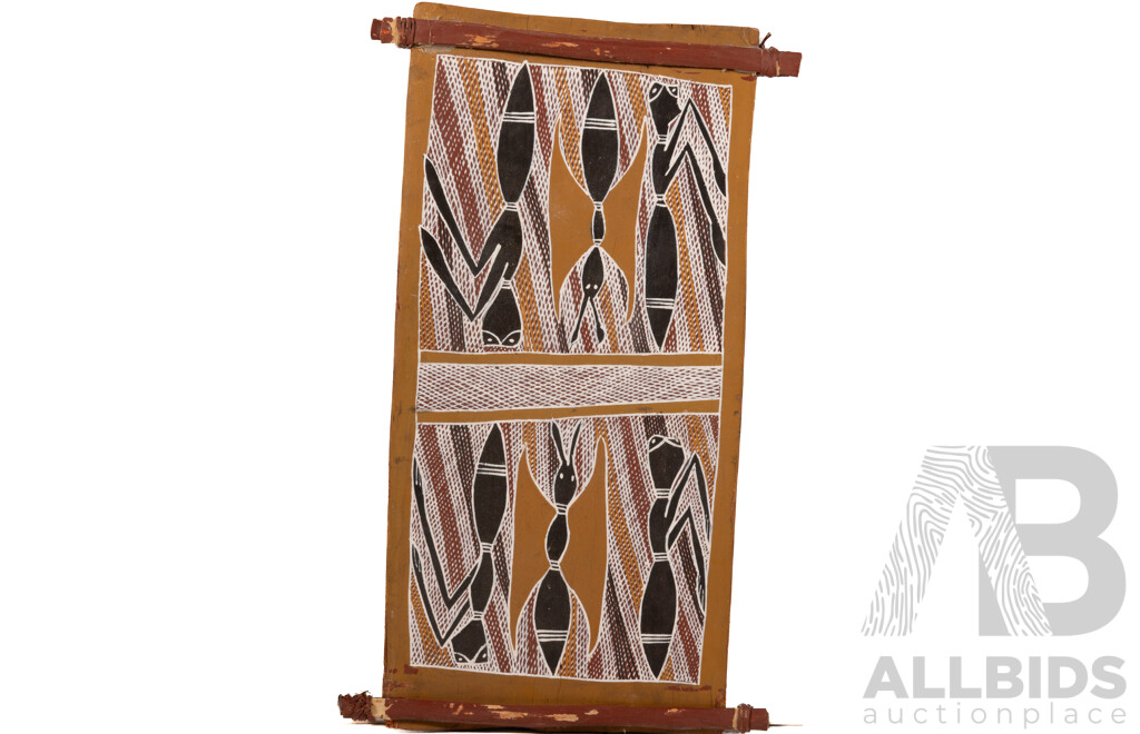 Possibly Norman Mangawila (20th Century, Indigenous-Australian, 1933-1991), Spirit Insects, Natural Earth Pigments on Eucalyptus Bark Vintage Wall Hanging, 47 x 23 cm (dimensions Approx)