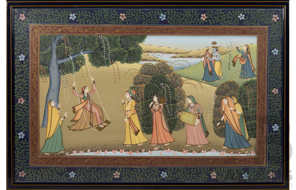 Artist Unknown, (Rajasthan, Late 19th/Early 20th C.,), Krishna & Radha in Foreground & Lady on Swing, Ink, Watercolour & Gouache on Cloth Panel, 53 x 79 cm (frame)