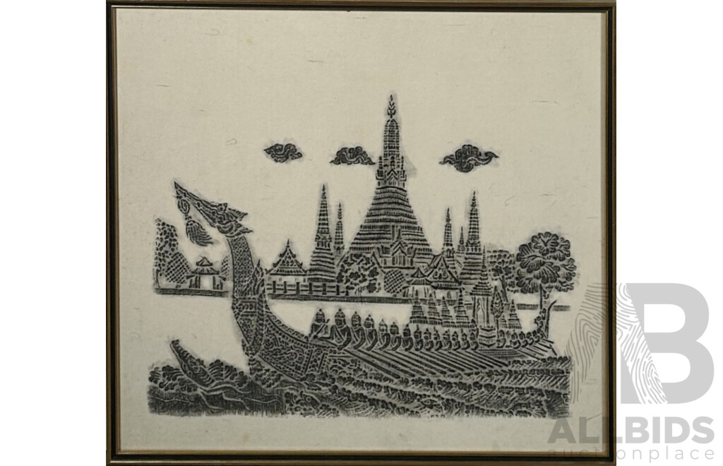Artist Unknown (20th Century, Thai School), Royal Barge, Vintage Charcoal Temple Rubbing on Mulberry Paper, 50 x 56 cm (frame)