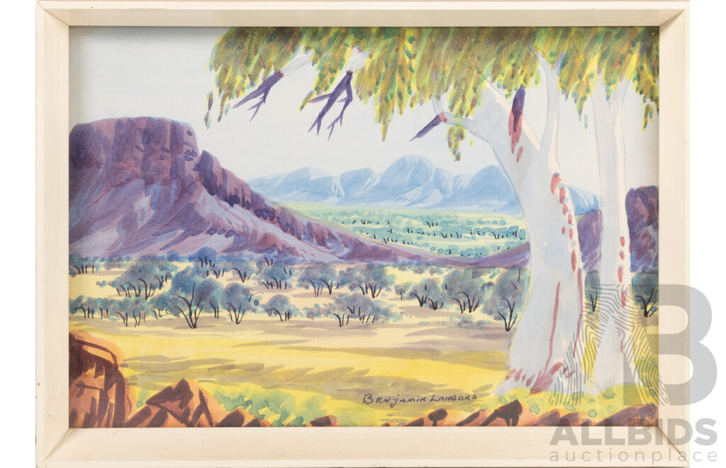 Benjamin Landara (20th Century, Indigenous-Australian, 1921-85; Albert Namatjira's Son-in-Law), Outback Landscape, Original Watercolour, Hand Signed, 21 x 29 cm (frame)