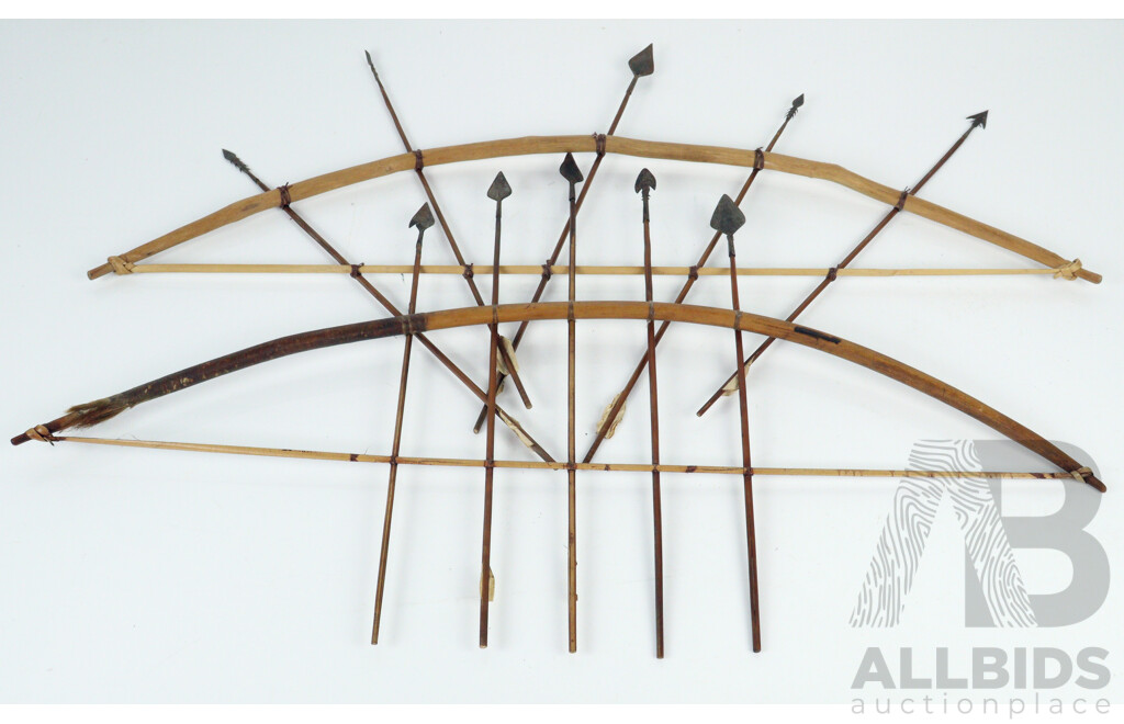 Two Hand Made African Congolese Pygmy Bows with Tin Arrowheads