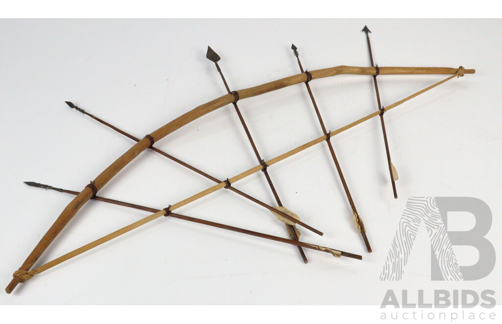 Two Hand Made African Congolese Pygmy Bows with Tin Arrowheads