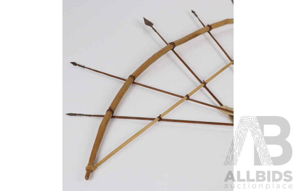 Two Hand Made African Congolese Pygmy Bows with Tin Arrowheads