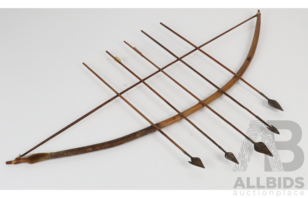 Two Hand Made African Congolese Pygmy Bows with Tin Arrowheads