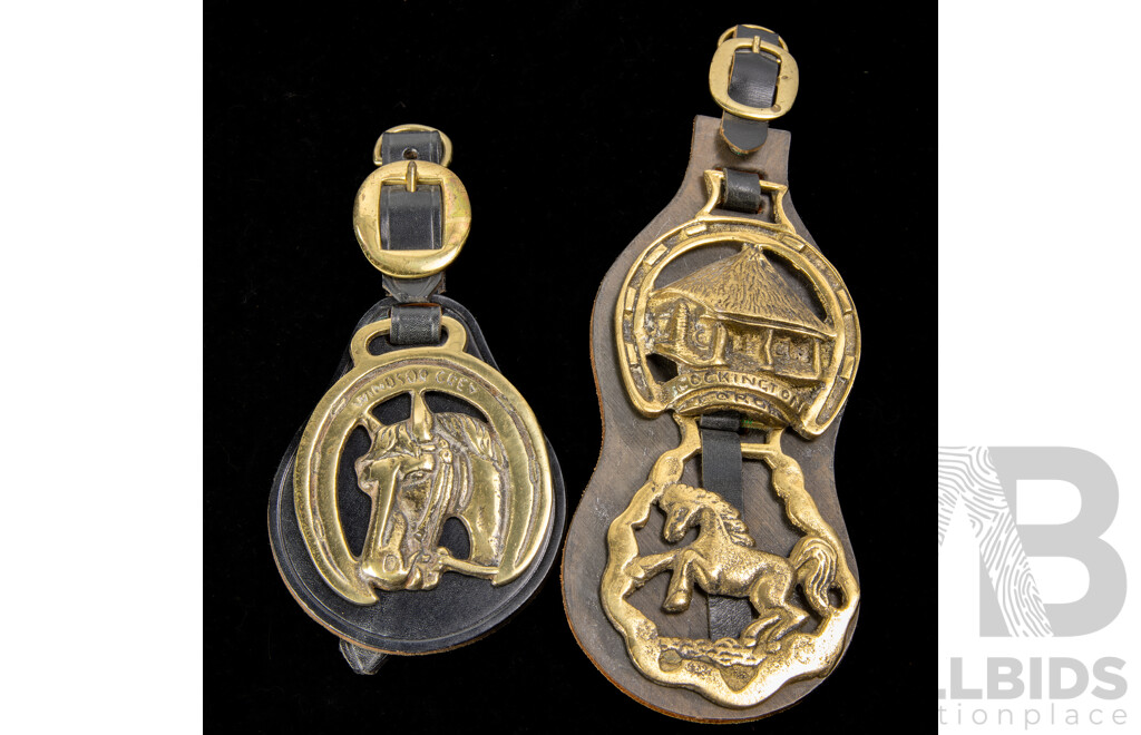 Collection Three Antique Horse Brasses on Leather Straps